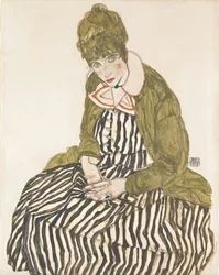 Edith im gestreiften Kleid, sitzend